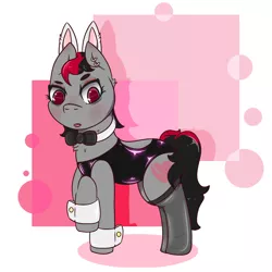 Size: 1500x1500 | Tagged: artist:lazerblues, bags under eyes, blushing, bunny suit, choker, clothes, cufflinks, cuffs (clothes), derpibooru import, ear piercing, latex, oc, oc:miss eri, piercing, raised hoof, safe, scar, socks, solo, stockings, thigh highs, unofficial characters only