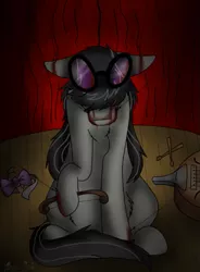 Size: 399x541 | Tagged: grimdark, artist:catlordess295, derpibooru import, octavia melody, earth pony, pony, a puppet to her fame, blood, bow (instrument), cello, cello bow, female, head down, mare, musical instrument, solo, stage, sunglasses