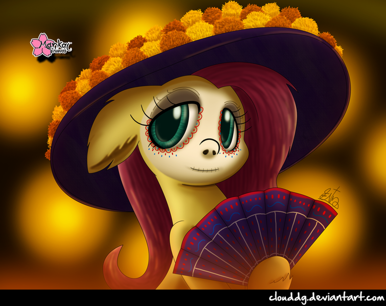 Size: 1258x1000 | Tagged: safe, artist:clouddg, derpibooru import, fluttershy, pegasus, pony, bust, cempasúchil, dia de los muertos, eyelashes, face paint, fan, female, floppy ears, folding fan, hat, hoof hold, looking at you, looking sideways, mare, portrait, signature, solo