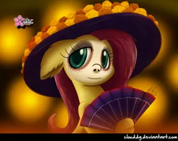 Size: 1258x1000 | Tagged: safe, artist:clouddg, derpibooru import, fluttershy, pegasus, pony, bust, cempasúchil, dia de los muertos, eyelashes, face paint, fan, female, floppy ears, folding fan, hat, hoof hold, looking at you, looking sideways, mare, portrait, signature, solo