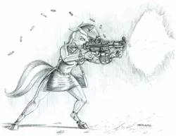 Size: 1400x1078 | Tagged: safe, artist:baron engel, derpibooru import, lyra heartstrings, anthro, unguligrade anthro, unicorn, clothes, drum magazine, eotech, female, grayscale, gun, h&k g3, heckler and koch, mare, monochrome, pencil drawing, simple background, sketch, story included, traditional art, weapon, white background