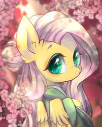 Size: 900x1117 | Tagged: safe, artist:snow angel, derpibooru import, fluttershy, pony, cherry blossoms, clothes, cute, ear fluff, female, flower, flower blossom, hair bun, kimono (clothing), looking at you, looking back, mare, shyabetes, solo