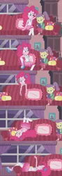 Size: 1920x5400 | Tagged: safe, derpibooru import, screencap, lily pad (equestria girls), pinkie pie, equestria girls, equestria girls series, pinkie sitting, bored, clothes, geode of sugar bombs, magical geodes, pantyhose, skirt, young