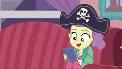 Size: 1920x1080 | Tagged: safe, derpibooru import, screencap, lily pad (equestria girls), equestria girls, equestria girls series, pinkie sitting, cute, hat, pirate hat, solo, tablet, young