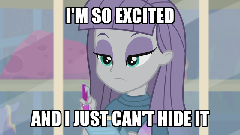 Size: 1280x720 | Tagged: safe, derpibooru import, edit, edited screencap, screencap, maud pie, equestria girls, equestria girls series, school of rock, book, caption, excited, i'm so excited, image macro, maud being maud, meme, solo, song reference, text, the pointer sisters
