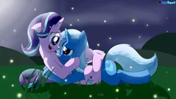 Size: 2560x1440 | Tagged: safe, artist:rupertbluefox, derpibooru import, starlight glimmer, trixie, firefly (insect), insect, pony, unicorn, female, grass, lesbian, looking at each other, mare, night, shipping, smiling, startrix, trixie day