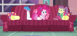 Size: 1018x483 | Tagged: safe, derpibooru import, screencap, lily pad (equestria girls), pinkie pie, equestria girls, equestria girls series, pinkie sitting, clothes, couch, cropped, female, geode of sugar bombs, i need an adult, magical geodes, out of context, pantyhose, young