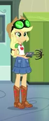 Size: 289x717 | Tagged: safe, derpibooru import, screencap, applejack, a queen of clubs, equestria girls, equestria girls series, applejack's hat, boots, canterlot high, clothes, cowboy boots, cowboy hat, cropped, denim skirt, female, freckles, geode of super strength, goggles, grappling hook, hat, magical geodes, night vision goggles, shoes, skirt, stetson