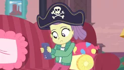 Size: 1920x1080 | Tagged: safe, derpibooru import, screencap, lily pad (equestria girls), equestria girls, equestria girls series, pinkie sitting, hat, pirate hat, solo, young
