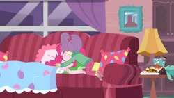 Size: 1920x1080 | Tagged: safe, derpibooru import, screencap, lily pad (equestria girls), pinkie pie, equestria girls, equestria girls series, pinkie sitting, blanket, cute, daaaaaaaaaaaw, sleeping, young