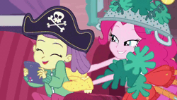 Size: 600x340 | Tagged: safe, derpibooru import, screencap, lily pad (equestria girls), pinkie pie, equestria girls, equestria girls series, pinkie sitting, animated, cute, diapinkes, gif, lily padorable, tickling, young