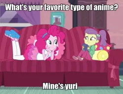 Size: 1000x769 | Tagged: safe, derpibooru import, edit, edited screencap, screencap, lily pad (equestria girls), pinkie pie, equestria girls, equestria girls series, pinkie sitting, anime, caption, clothes, couch, eye contact, female, frown, hairband, image macro, implied lesbian, looking at each other, meme, out of context, pantyhose, prone, pun, shoes, side ponytail, skirt, smiling, text, wide eyes, worried, young
