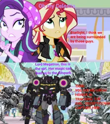 Size: 720x808 | Tagged: safe, derpibooru import, edit, edited screencap, screencap, starlight glimmer, sunset shimmer, equestria girls, mirror magic, spoiler:eqg specials, blackout (decepticon), clash of hasbro's titans, crossover, crystal prep academy, decepticon, mall, megatron, starscream, tarn, transformers