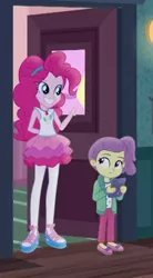 Size: 336x608 | Tagged: safe, derpibooru import, screencap, lily pad (equestria girls), pinkie pie, equestria girls, equestria girls series, pinkie sitting, arm behind head, clothes, cropped, cute, female, hairband, ipad, jacket, magical geodes, pantyhose, shoes, side ponytail, skirt, smiling, young