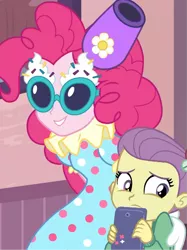 Size: 807x1079 | Tagged: safe, derpibooru import, screencap, lily pad (equestria girls), pinkie pie, equestria girls, equestria girls series, pinkie sitting, bad touch, clothes, clown, glasses, hat, i need an adult, nervous, out of context, party cannon, personal space invasion, stranger danger, worried, young