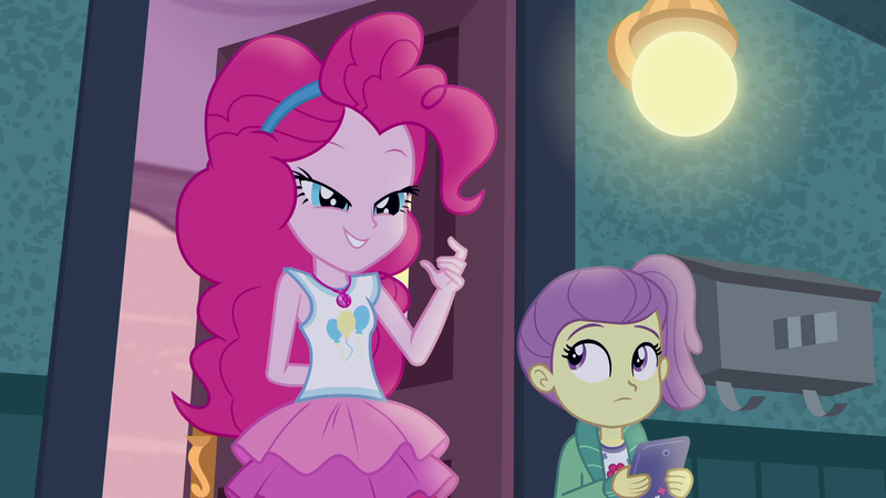 Size: 1920x1080 | Tagged: safe, derpibooru import, screencap, lily pad (equestria girls), pinkie pie, equestria girls, equestria girls series, pinkie sitting, clothes, female, hairband, ipad, jacket, magical geodes, side ponytail, skirt, smiling, young