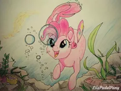 Size: 4160x3120 | Tagged: artist:lilapudelpony, bubble, cute, derpibooru import, diapinkes, happy, my little pony: the movie, open mouth, pinkie pie, safe, seaponified, seapony (g4), seapony pinkie pie, smiling, solo, species swap, swimming, underwater