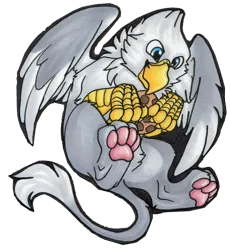 Size: 800x871 | Tagged: safe, artist:ritzbitz, derpibooru import, oc, oc:der, unofficial characters only, gryphon, badge, cookie, flying, food, male, paws, simple background, solo, that griffon sure "der"s love cookies, transparent background, underpaw