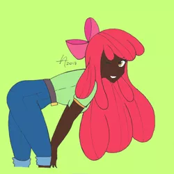 Size: 1172x1172 | Tagged: safe, artist:draftkid, artist:icey-wicey-1517, derpibooru import, apple bloom, human, equestria girls, apple bloom's bow, bow, clothes, colored, dark skin, female, green background, hair bow, humanized, jeans, older, one eye closed, pants, shirt, simple background, solo, t-shirt, wink