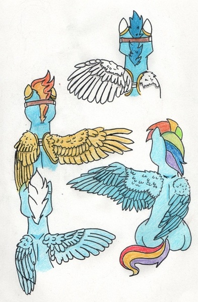 Size: 624x953 | Tagged: safe, artist:kuroneko, derpibooru import, fleetfoot, rainbow dash, soarin', spitfire, pegasus, pony, back, clothes, goggles, rear view, simple background, sitting, traditional art, uniform, white background, wing types, wonderbolts, wonderbolts uniform