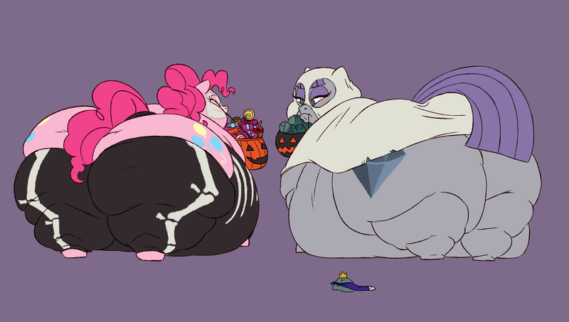 Size: 3507x1984 | Tagged: artist:mellowhen, balloonbutt, bedsheet ghost, belly, big belly, bone, boulder buns, boulder (pet), bucket, butt, candy, clothes, costume, derpibooru import, fat, food, ghost, halloween, halloween costume, holiday, huge belly, huge butt, impossibly large belly, impossibly large butt, large butt, maud pie, maud pudge, morbidly obese, mouth hold, nightmare night, obese, piggy pie, pinkie pie, pudgy pie, questionable, rock, skeleton, skeleton costume, undead, wrong cutie mark