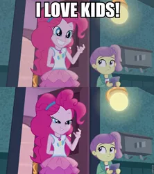 Size: 853x960 | Tagged: safe, derpibooru import, edit, edited screencap, screencap, lily pad (equestria girls), pinkie pie, equestria girls, equestria girls series, pinkie sitting, caption, clothes, female, i am an adult, i need an adult, image macro, innuendo, ipad, jacket, magical geodes, meme, out of context, skirt, smiling, text, young