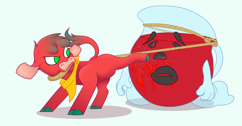 Size: 1600x838 | Tagged: arizona cow, arizona (drink company), arizona fruit punch, artist:athan, barely pony related, cloven hooves, community related, cow, derpibooru import, duo, kick, kicking, kool-aid man, lasso, neckerchief, rope, semi-grimdark, them's fightin' herds