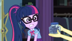 Size: 1920x1080 | Tagged: safe, derpibooru import, screencap, fluttershy, sci-twi, twilight sparkle, firefly (insect), insect, equestria girls, equestria girls series, star crossed, disgusted, female, geode of telekinesis, glasses, jar, magical geodes, scared, solo focus