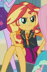Size: 305x464 | Tagged: safe, derpibooru import, screencap, fluttershy, sci-twi, sunset shimmer, twilight sparkle, equestria girls, equestria girls series, overpowered (equestria girls), angry, cropped, cute, frown, geode of empathy, legs, madorable, magical geodes, offscreen character, shimmerbetes, sunset shimmer is not amused, unamused, upset