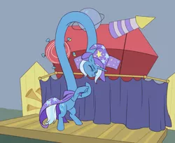 Size: 3373x2753 | Tagged: are you frustrated?, artist:mellowhen, cape, clothes, derpibooru import, elongated, elongated body, hat, impossibly long neck, long neck, meme, necc, rearing, safe, scrunchy face, solo, stage, trixie, trixie's cape, trixie's hat, wat