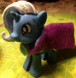 Size: 1820x1861 | Tagged: artist:grapefruitface1, cape, clothes, custom, derpibooru import, felt, female, irl, merchandise, my little pony pop!, painted, photo, safe, solo, toy, trixie, trixie's cape