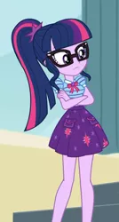 Size: 526x984 | Tagged: safe, derpibooru import, screencap, sci-twi, twilight sparkle, equestria girls, equestria girls series, overpowered (equestria girls), clothes, crossed arms, geode of telekinesis, glasses, legs, magical geodes, ponytail, ribbon, skirt, solo