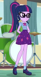 Size: 400x750 | Tagged: safe, derpibooru import, screencap, sci-twi, twilight sparkle, equestria girls, equestria girls series, overpowered (equestria girls), clothes, cropped, cymbals, drum kit, drums, female, glasses, hands behind back, hi-hat, musical instrument, outfit catalog, ponytail, solo