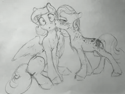 Size: 4032x3024 | Tagged: safe, artist:silfoe, derpibooru import, princess luna, oc, oc:light heart, alicorn, earth pony, pegasus, pony, royal sketchbook, :<, :t, blushing, canon x oc, cute, eyes closed, female, floppy ears, freckles, grayscale, kiss on the cheek, kissing, lesbian, lunabetes, mare, monochrome, race swap, short mane, sitting, sketch, spread wings, surprise kiss, surprised, traditional art, wide eyes, wing fluff, wings, younger