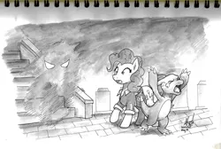 Size: 2214x1488 | Tagged: safe, artist:digiral, derpibooru import, pinkie pie, charmeleon, earth pony, ghost, pony, undead, series:pinkie pie's adventure, clothes, crossover, crying, female, grayscale, inktober, inktober 2017, lavender town, mare, monochrome, open mouth, pokémon, traditional art