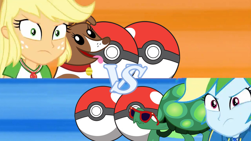 Size: 1280x718 | Tagged: safe, derpibooru import, edit, edited screencap, screencap, applejack, rainbow dash, tank, winona, a queen of clubs, equestria girls, equestria girls series, pokéball, pokémon