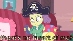 Size: 1920x1080 | Tagged: safe, derpibooru import, edit, edited screencap, screencap, lily pad (equestria girls), equestria girls, equestria girls series, pinkie sitting, caption, hat, image macro, meme, pirate hat, solo, text, young