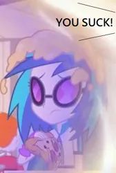Size: 318x472 | Tagged: safe, derpibooru import, vinyl scratch, equestria girls, equestria girls series, overpowered (equestria girls), abuse, bully, bullying, caption, food, image macro, meat, meme, pepperoni, pepperoni pizza, pizza, sad, text, this will end in school shooting, vinylbuse