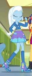 Size: 306x713 | Tagged: safe, derpibooru import, screencap, sandalwood, sunset shimmer, trixie, equestria girls, equestria girls series, overpowered (equestria girls), boots, canterlot high, clothes, confident, eyes closed, female, hallway, high heel boots, hoodie, kneesocks, legs, lockers, shoes, skirt, smiling, socks, strut