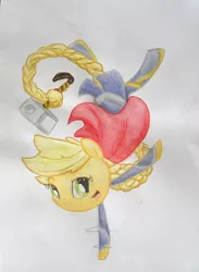 Size: 2234x3051 | Tagged: safe, artist:beetrue, derpibooru import, applejack, pony, hammer, high res, mjölnir, prehensile tail, solo, tail hold, thor, traditional art, war hammer, weapon