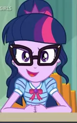 Size: 450x720 | Tagged: safe, derpibooru import, screencap, sci-twi, twilight sparkle, equestria girls, equestria girls series, the finals countdown, >:), >:d, clothes, determined, evil grin, glasses, grin, looking at you, smiling, smirk, solo