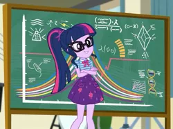 Size: 965x720 | Tagged: safe, derpibooru import, screencap, sci-twi, twilight sparkle, equestria girls, equestria girls series, overpowered (equestria girls), chalkboard, clothes, cropped, crossed arms, cute, female, geode of telekinesis, glasses, magical geodes, ponytail, skirt, smiling, solo, twiabetes