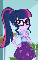 Size: 459x720 | Tagged: safe, derpibooru import, screencap, sci-twi, twilight sparkle, equestria girls, equestria girls series, overpowered (equestria girls), clothes, cropped, cute, female, geode of telekinesis, glasses, magical geodes, ponytail, skirt, smiling, solo, twiabetes