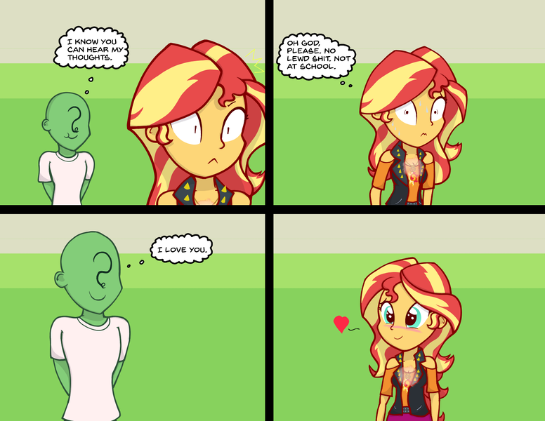 Size: 1650x1275 | Tagged: safe, artist:zharkaer, derpibooru import, sunset shimmer, oc, oc:anon, human, equestria girls, equestria girls series, overpowered (equestria girls), 3:, 4koma, :<, :t, blushing, comic, cute, daaaaaaaaaaaw, frown, geode of empathy, glow, heart, magical geodes, shimmerbetes, smiling, sweat, thought bubble, vulgar, wide eyes, worried