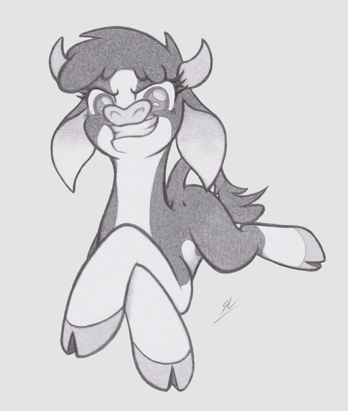 Size: 1630x1925 | Tagged: arizona cow, artist:lockerobster, cloven hooves, community related, cow, crossed hooves, derpibooru import, gray background, grayscale, lying down, monochrome, pencil drawing, safe, simple background, smiling, smirk, solo, them's fightin' herds, traditional art