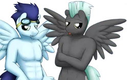 Size: 2235x1406 | Tagged: suggestive, artist:devs-iratvs, derpibooru import, edit, edited edit, soarin', thunderlane, anthro, bare chest, belly button, cropped, duo, duo male, looking at you, male, males only, nudity, simple background, smug, toned, tongue out, transparent, wings