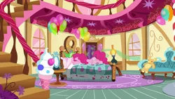 Size: 1920x1080 | Tagged: safe, derpibooru import, screencap, gummy, pinkie pie, alligator, earth pony, pony, secrets and pies, balloon, bed, face down, female, male, mare, pinkie's bedroom, smelly, teddy bear, visible stench, window