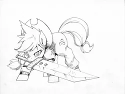 Size: 6588x4959 | Tagged: safe, artist:alts-art, derpibooru import, applejack, pony, absurd resolution, alternate hairstyle, applejack's hat, buster sword, clothes, cloud strife, cowboy hat, female, final fantasy, final fantasy vii, grayscale, hat, inktober, mare, monochrome, mouth hold, solo, sword, traditional art, weapon