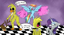 Size: 2099x1153 | Tagged: safe, artist:ggchristian, derpibooru import, rainbow dash, rarity, pony, chica, clothes, crossover, derp, dress, five nights at freddy's, stool, toy chica