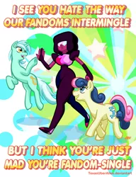 Size: 720x937 | Tagged: safe, artist:texasuberalles, derpibooru import, bon bon, lyra heartstrings, sweetie drops, earth pony, pony, unicorn, baby war, crossover, fandom, female, garnet (steven universe), high five, hoofbump, jumping, mare, meta, open mouth, rivalry, steven universe, stronger than you, underhoof